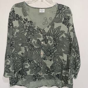 CMC Color Me Cotton Green Floral Button Front Top Lagenlook Boho 3/4 Sleeve XS